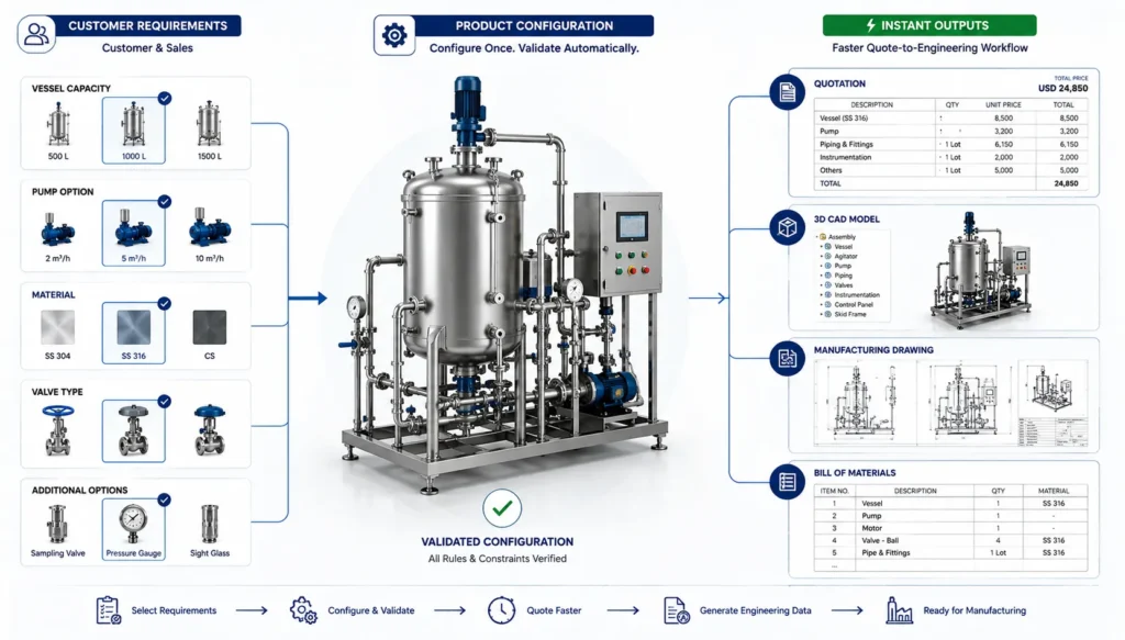 Product configurator converting process equipment requirements into a validated configuration, quotation, CAD model, manufacturing drawing, and bill of materials
