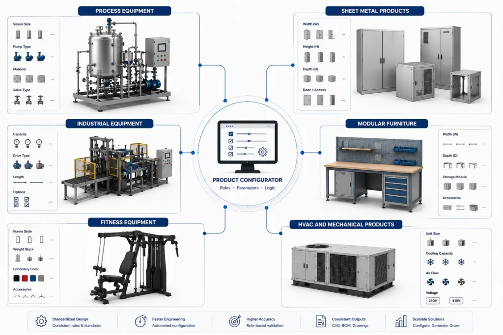 Product configurator enabling configurable process equipment, sheet metal products, industrial equipment, modular furniture, fitness equipment, and HVAC mechanical products