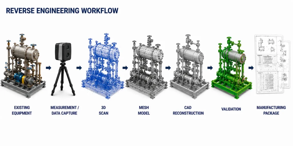 Reverse engineering workflow showing an existing equipment skid progressing through measurement, 3D scanning, mesh modeling, CAD reconstruction, validation, and manufacturing documentation.
