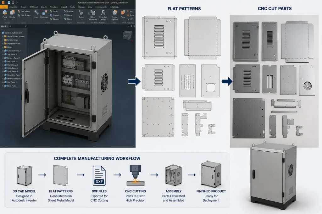 Sheet metal cabinet workflow from Autodesk Inventor CAD model to flat patterns, DXF files, CNC cutting, assembly and finished product