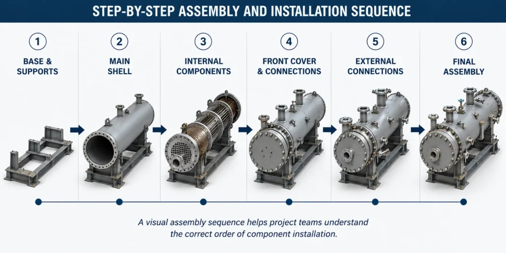 Step-by-step 3D assembly sequence showing the installation of industrial equipment from base supports to final assembly