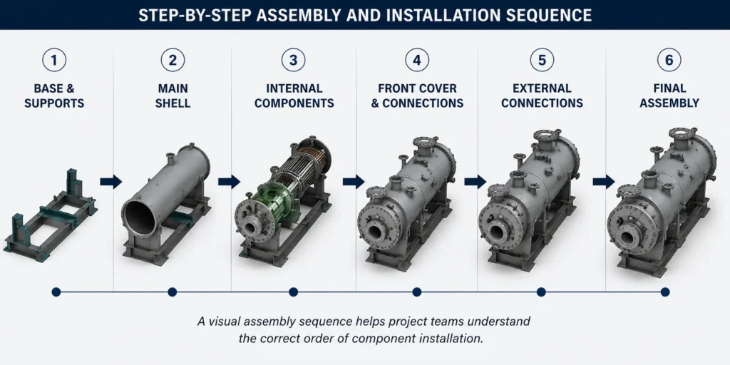 Step-by-step 3D assembly sequence showing the installation of industrial equipment from base supports to final assembly