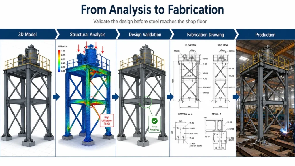 Structural analysis workflow from 3D steel structure model to fabrication and production