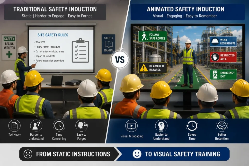 Comparison between traditional safety induction and animated Safety Induction Animation for industrial plant contractors
