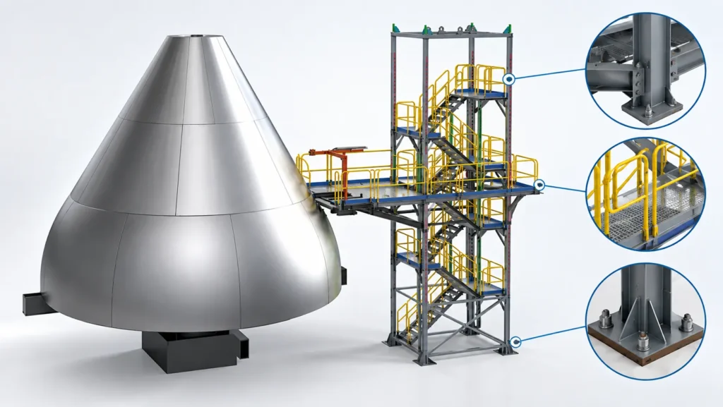 Detailed 3D CAD fixture design showing structural supports platforms stairs and connections
