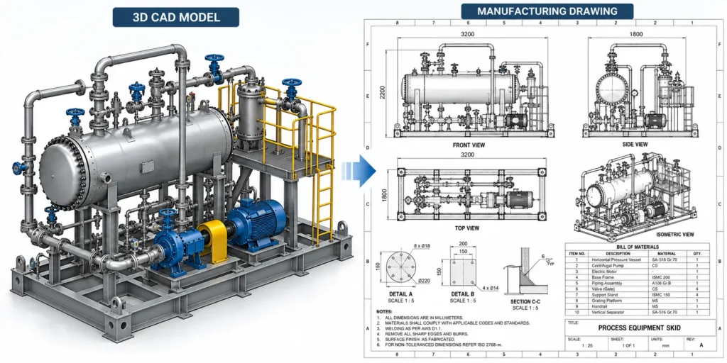 3D oil and gas equipment model alongside its manufacturing drawing