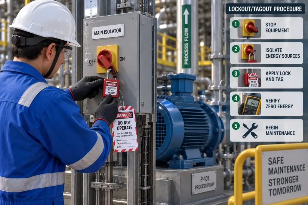 3D animation demonstrating industrial lockout tagout safety procedure