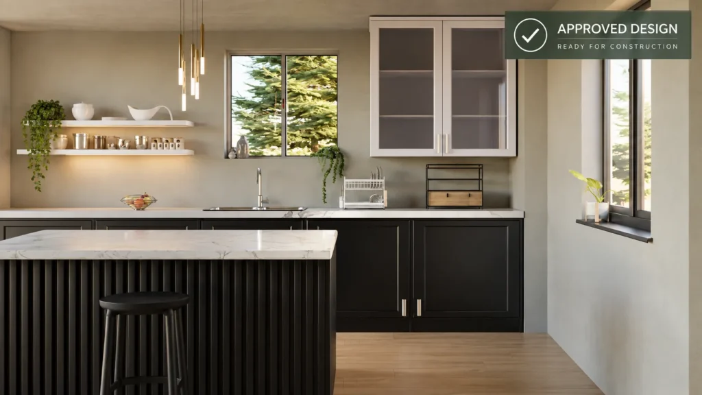 Photorealistic approved interior design rendering before construction