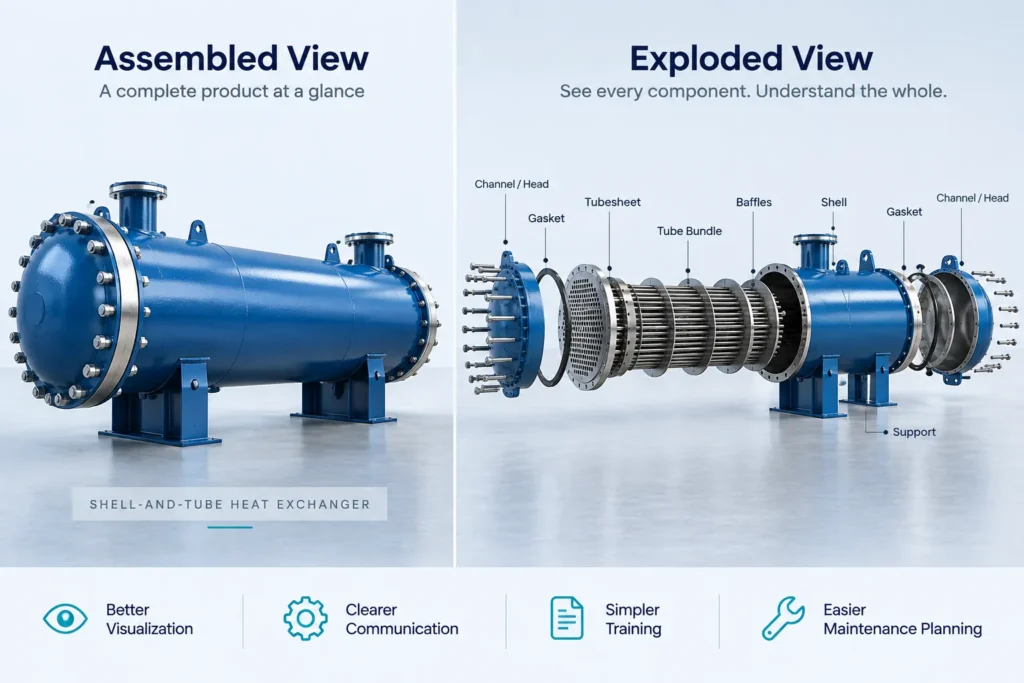 Comparison of an assembled and exploded shell-and-tube heat exchanger
