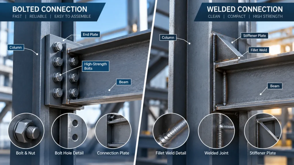 Comparison of bolted and welded steel structural connections