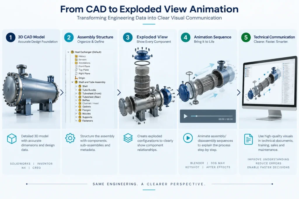 CAD to exploded view animation workflow for industrial equipment
