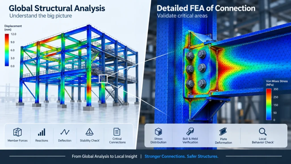Global structural analysis and detailed FEA of a steel beam-to-column connection