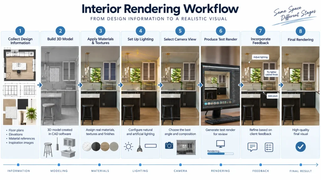 Interior rendering workflow from design drawings to client approval