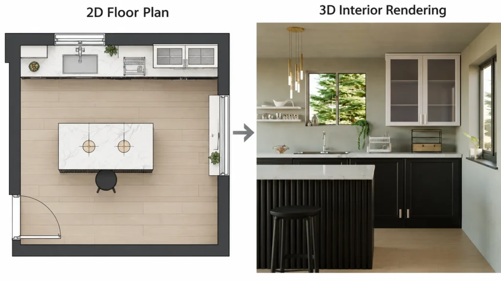 2D floor plan converted into a realistic 3D interior rendering