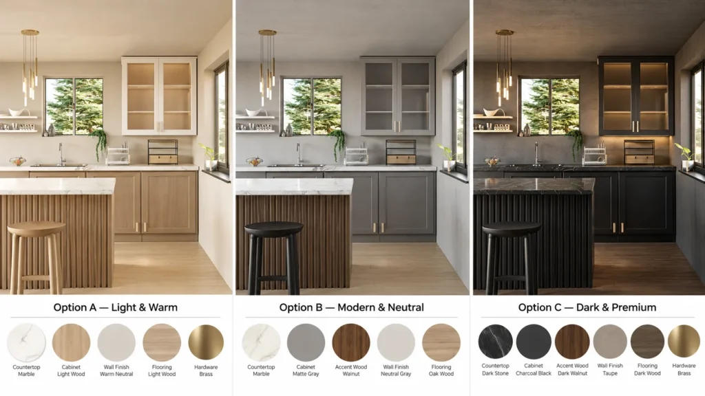Interior rendering showing different material and lighting design options