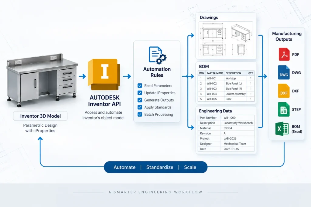 Autodesk Inventor API workflow for CAD automation and engineering outputs