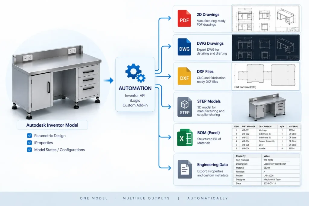 Autodesk Inventor automation for PDF DWG DXF STEP and BOM generation