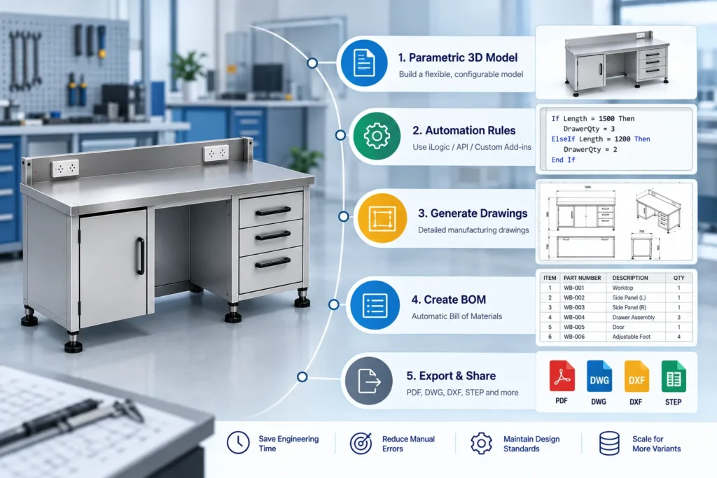 Autodesk Inventor CAD automation workflow from design to manufacturing