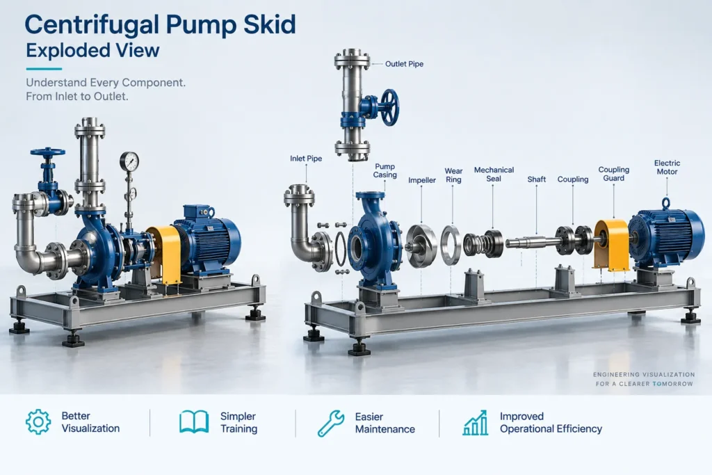 Exploded view visualization of oil and gas process equipment and mechanical assemblies
