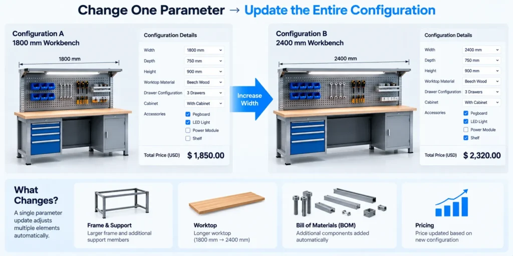 Industrial workbench configuration showing how changing a dimension updates the product structure, BOM, and quotation price
