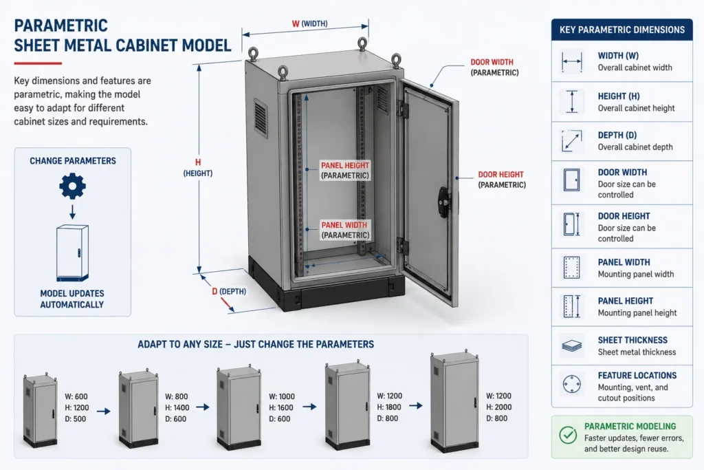 Parametric sheet metal cabinet model with adjustable dimensions