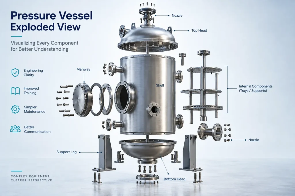3D exploded view of an industrial pressure vessel showing major components
