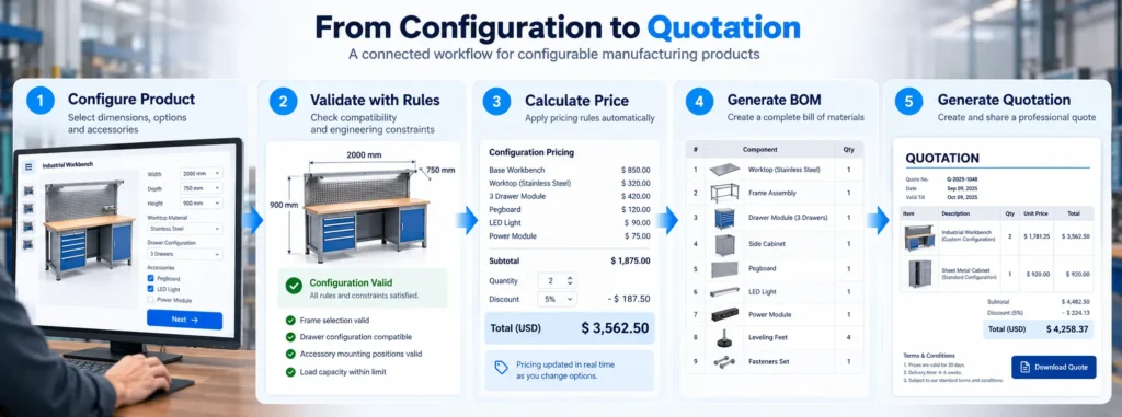 Manufacturing workflow showing product configuration, engineering rule validation, CPQ pricing, BOM generation, and quotation