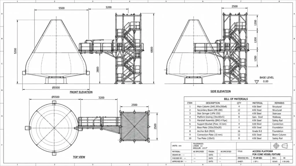 2D production drawing of an industrial fixture showing orthographic views dimensions and bill of materials
