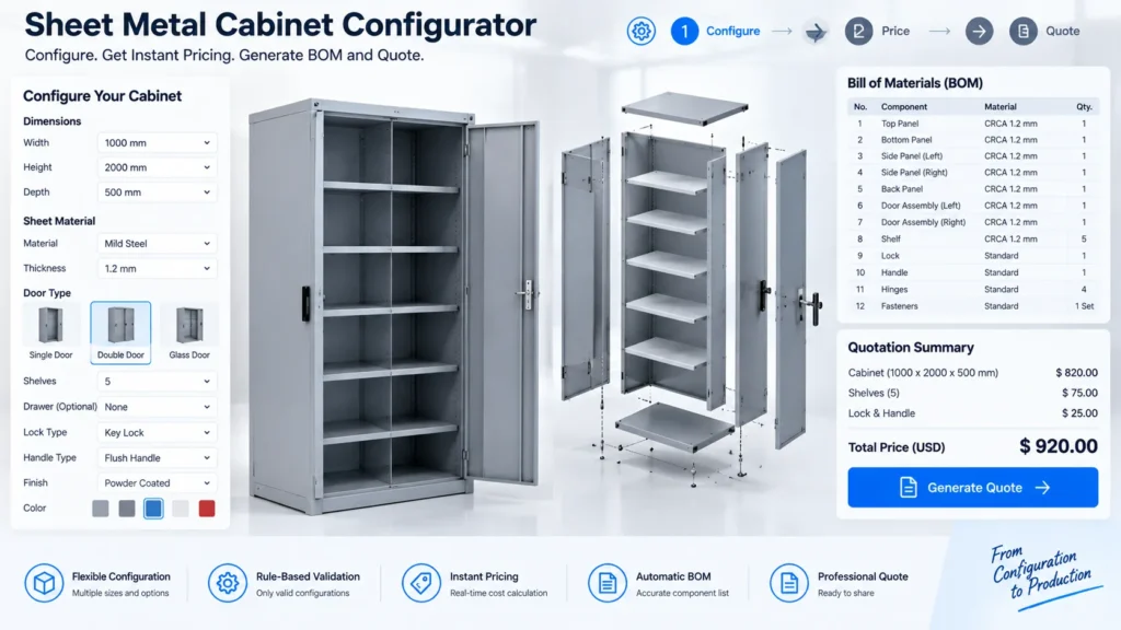 Sheet metal cabinet configurator showing dimensions, doors, shelves, drawers, accessories, BOM, and quotation pricing
