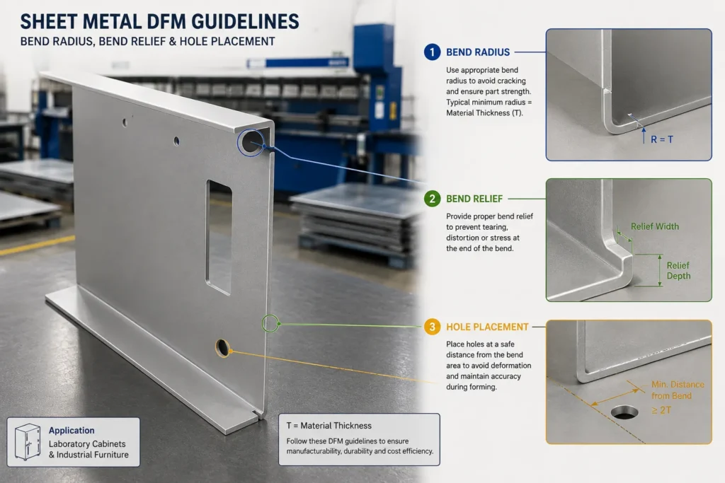 Sheet metal cabinet panel showing bend radius, bend relief, and hole placement