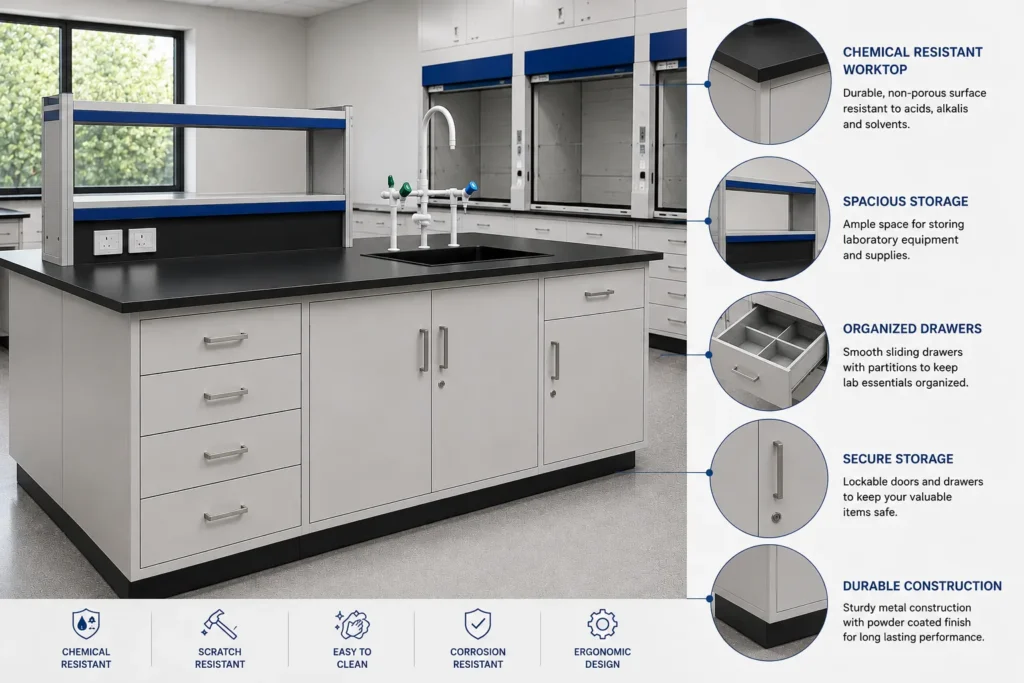 Sheet metal laboratory furniture cabinet with durable storage and drawer design