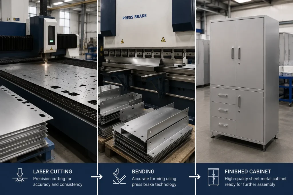 Sheet metal manufacturing process showing laser cutting, bending, and finished cabinet