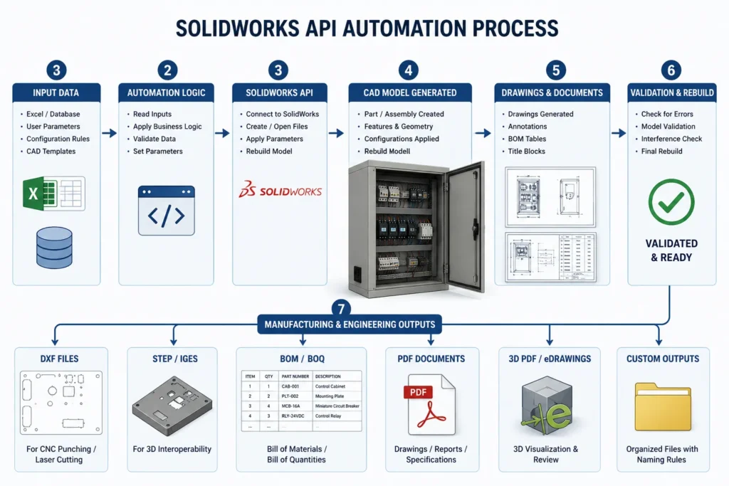 SolidWorks API automation process from input data and business rules to CAD models, drawings, and manufacturing outputs