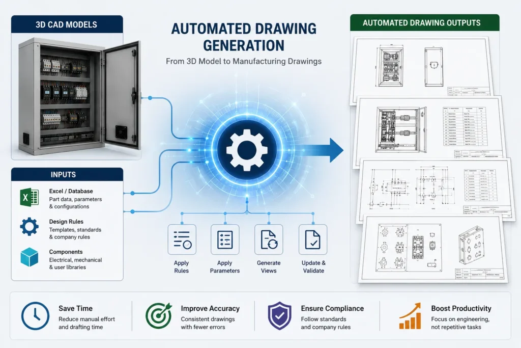 SolidWorks automated drawing generation from 3D CAD models using engineering rules and parameters