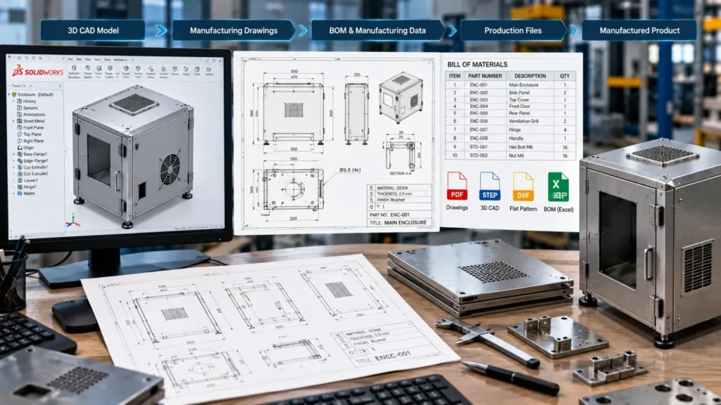 SolidWorks 3D CAD model with manufacturing drawings, bill of materials, and production files
