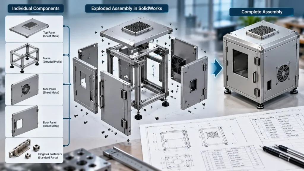 Individual mechanical components assembled into a complete product in SolidWorks