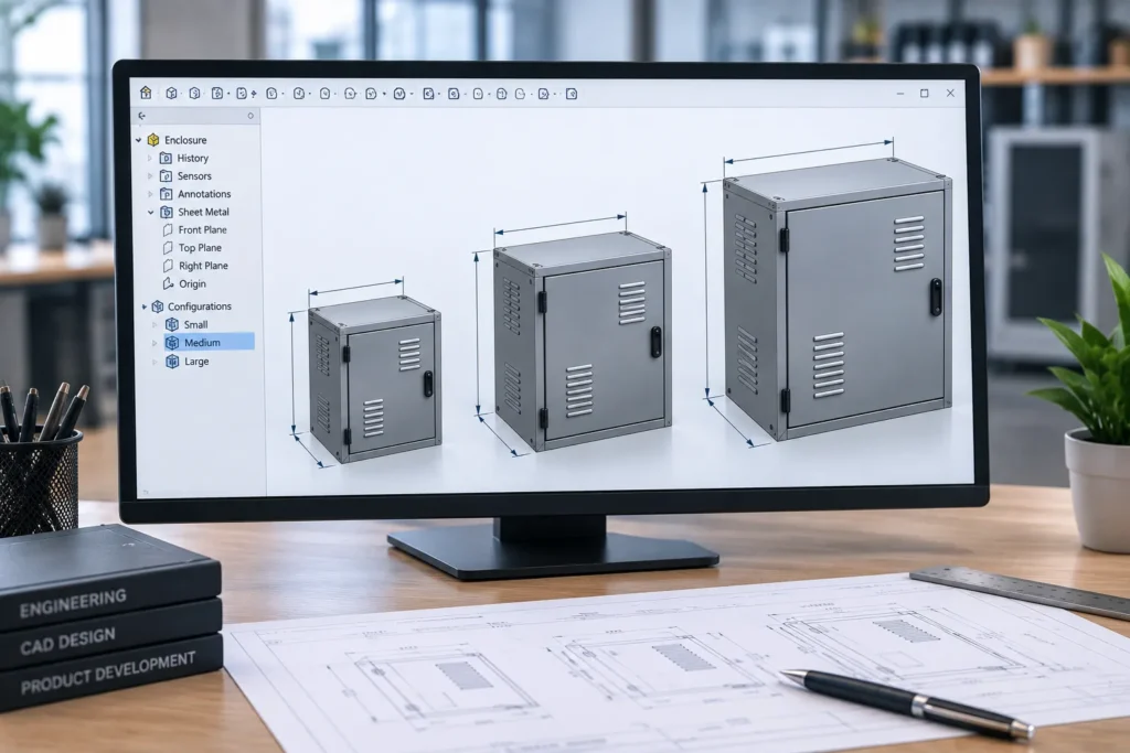SolidWorks parametric CAD model connected to automated engineering drawings BOM DXF STEP and PDF outputs