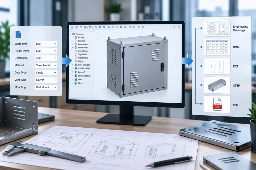 Multiple industrial cabinet sizes created from a parametric SolidWorks product design