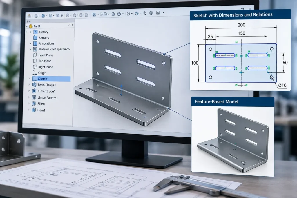 SolidWorks parametric sketch showing dimensions, constraints, and feature relationships for an industrial component