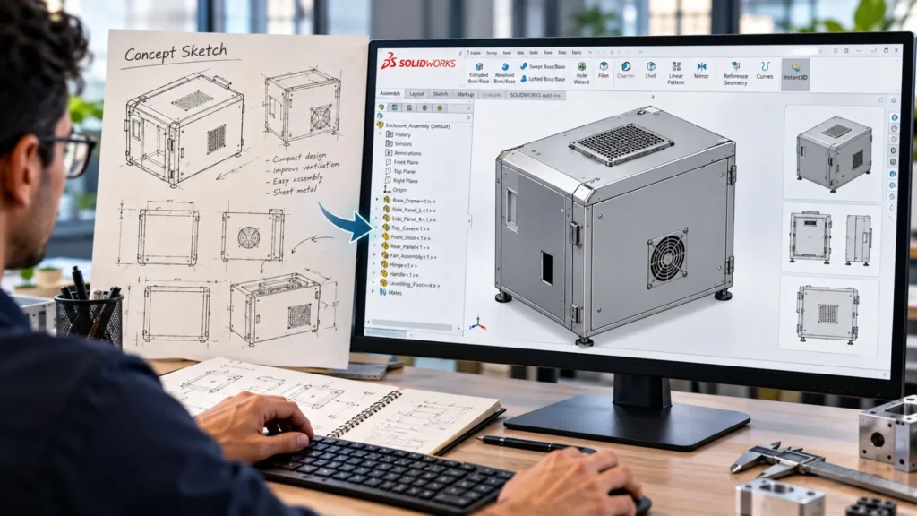 Mechanical product concept developed into a 3D CAD model in SolidWorks
