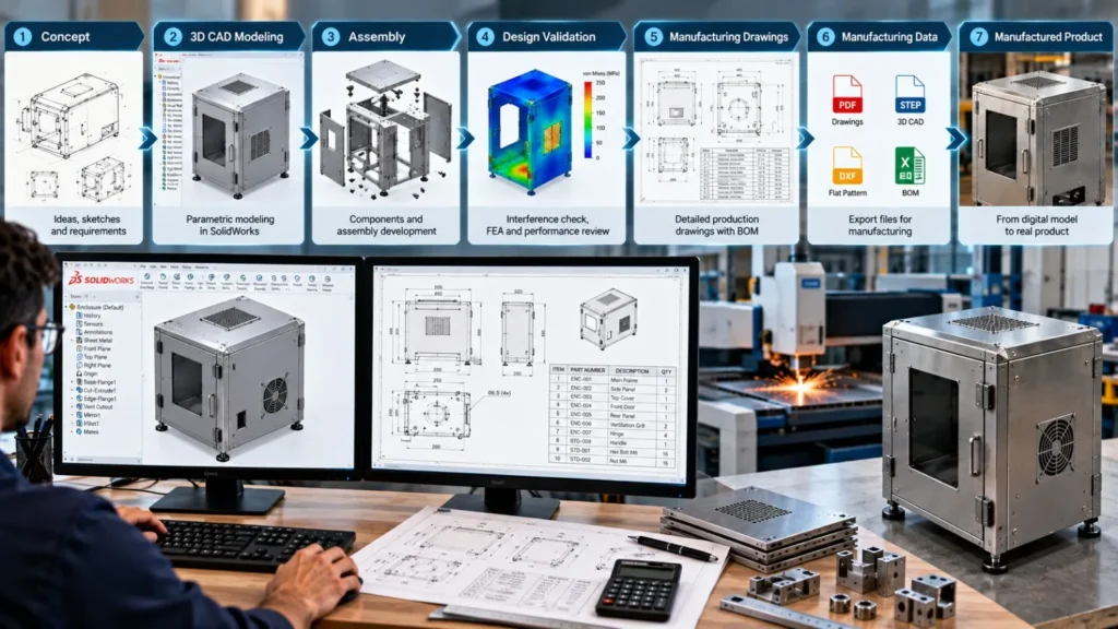 SolidWorks workflow showing concept, 3D CAD modeling, assembly, validation, manufacturing drawings, production data, and manufactured product
