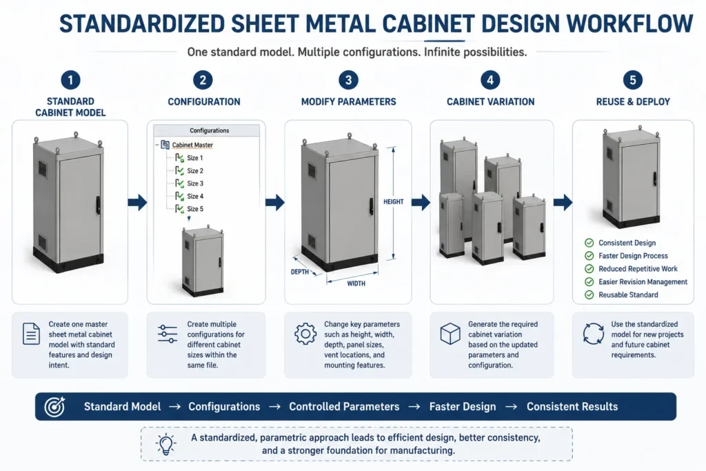 Standardized sheet metal cabinet design workflow using SolidWorks Configurations