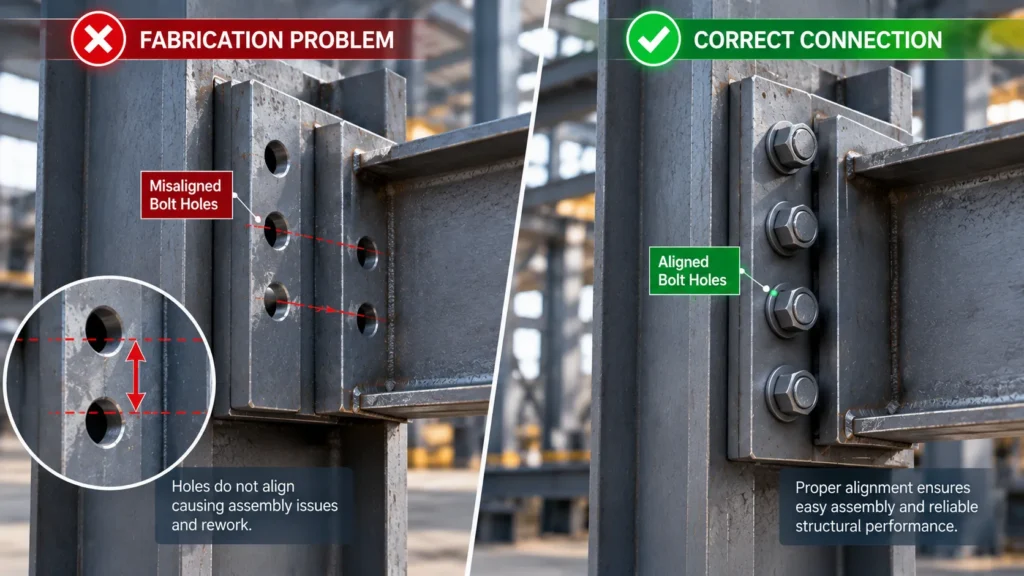 Misaligned bolt holes in a steel connection causing fabrication and assembly problems