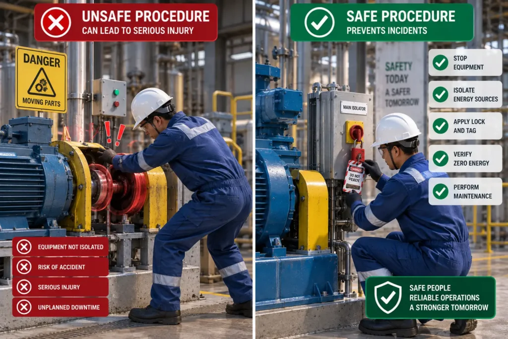 3D visualization comparing unsafe and safe industrial procedures