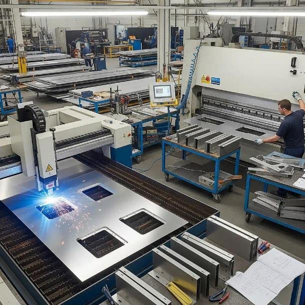 CNC turret punching machine processing sheet metal panels with precision-cut holes, slots, and patterns for furniture components.