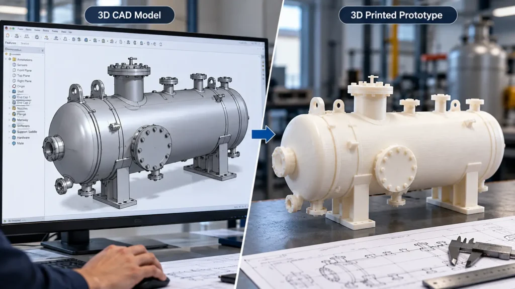 Comparison of a 3D CAD pressure vessel model and its 3D printed prototype