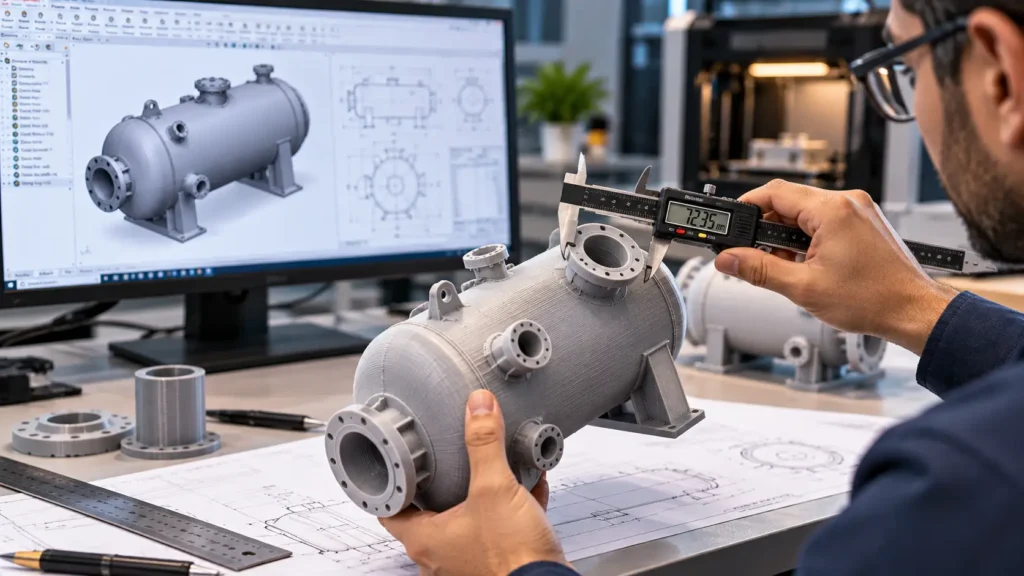 Engineer measuring a 3D-printed pressure vessel model with a digital caliper.