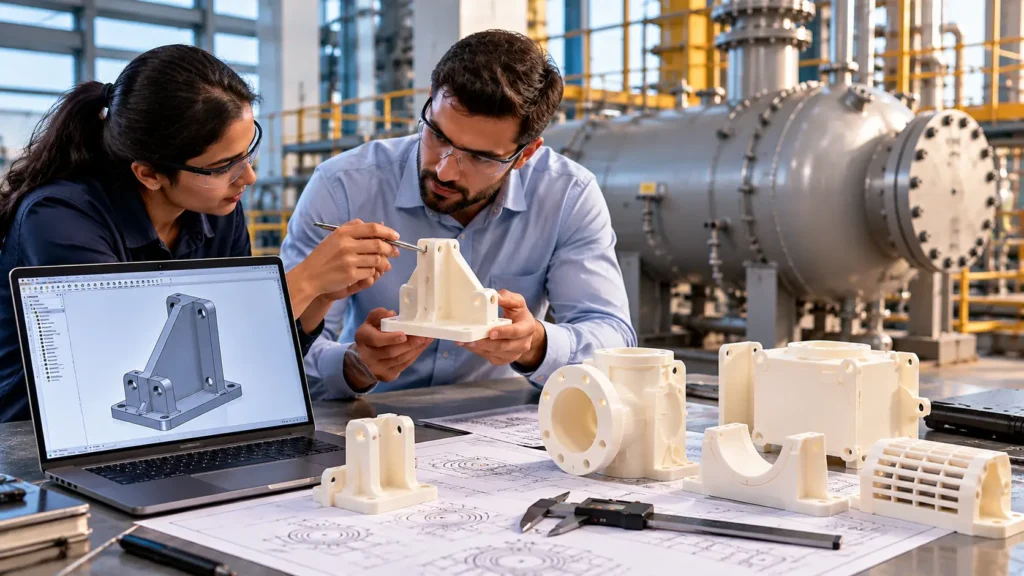 Engineers evaluating 3D printed mechanical components for oil and gas equipment design