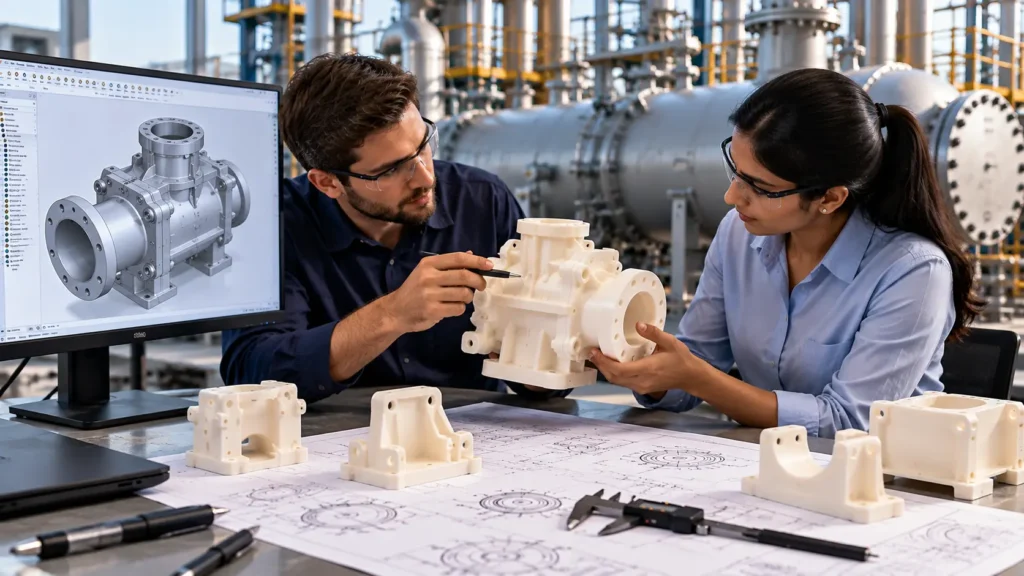 Two engineers inspecting a 3D printed mechanical component against a CAD design