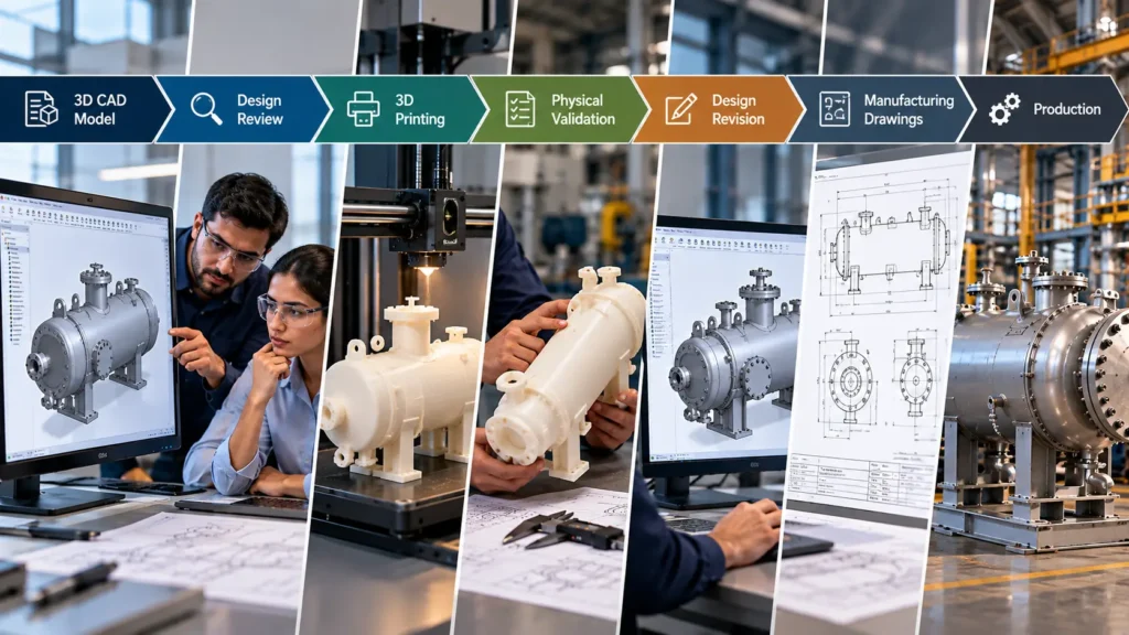 Engineering workflow from 3D CAD model and design review to 3D printing, validation, revision, drawings, and production